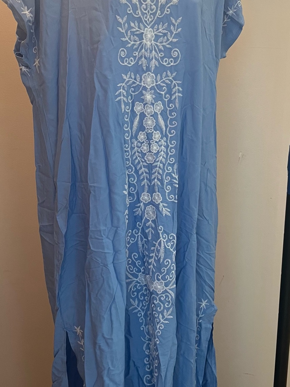 Blue Embroidered Maxi Dress with White Floral Detail